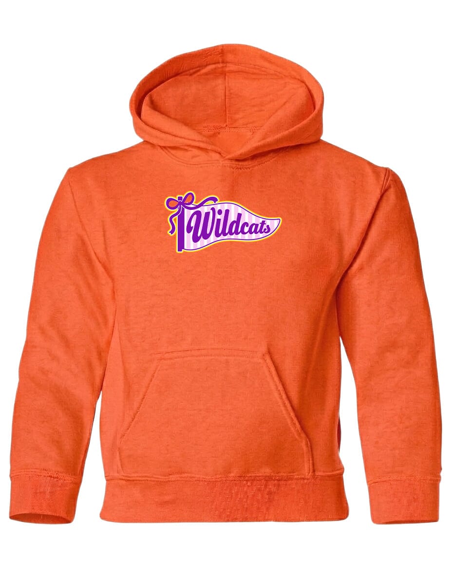An orange hoodie with a graphic design on the front.