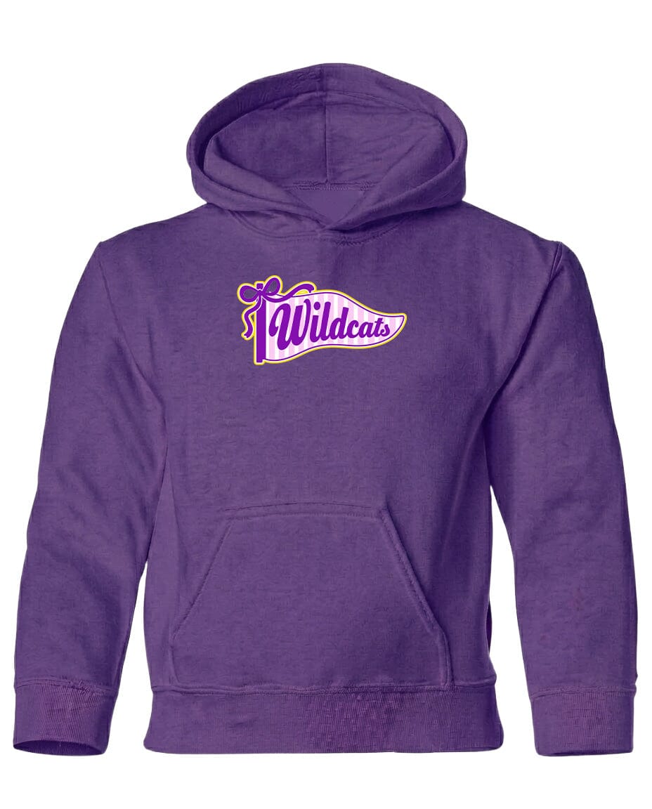 A purple hoodie with a graphic design featuring the word "Wildcats" printed on it.