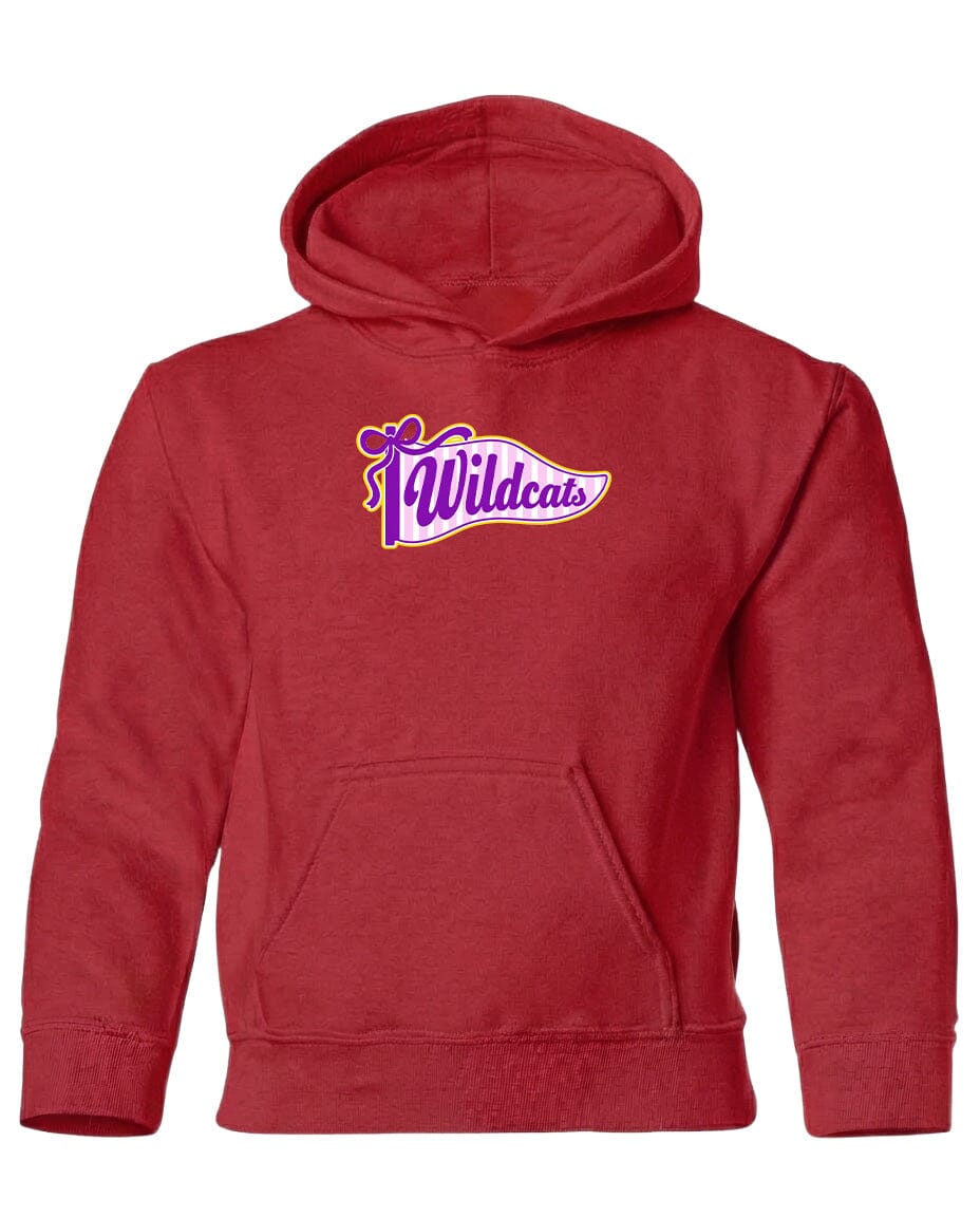 A red hooded sweatshirt with a graphic design on the front.