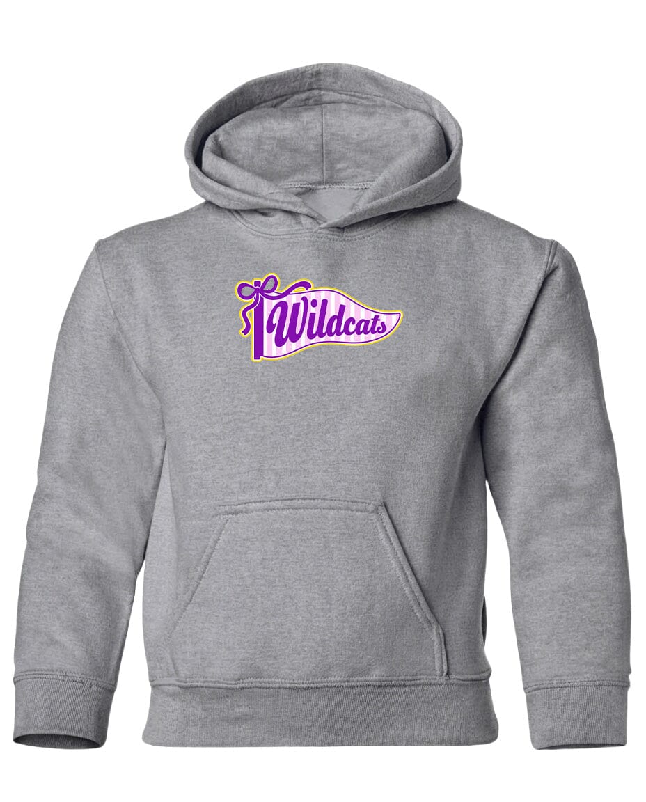 A gray hooded sweatshirt with a purple and yellow graphic on the front.