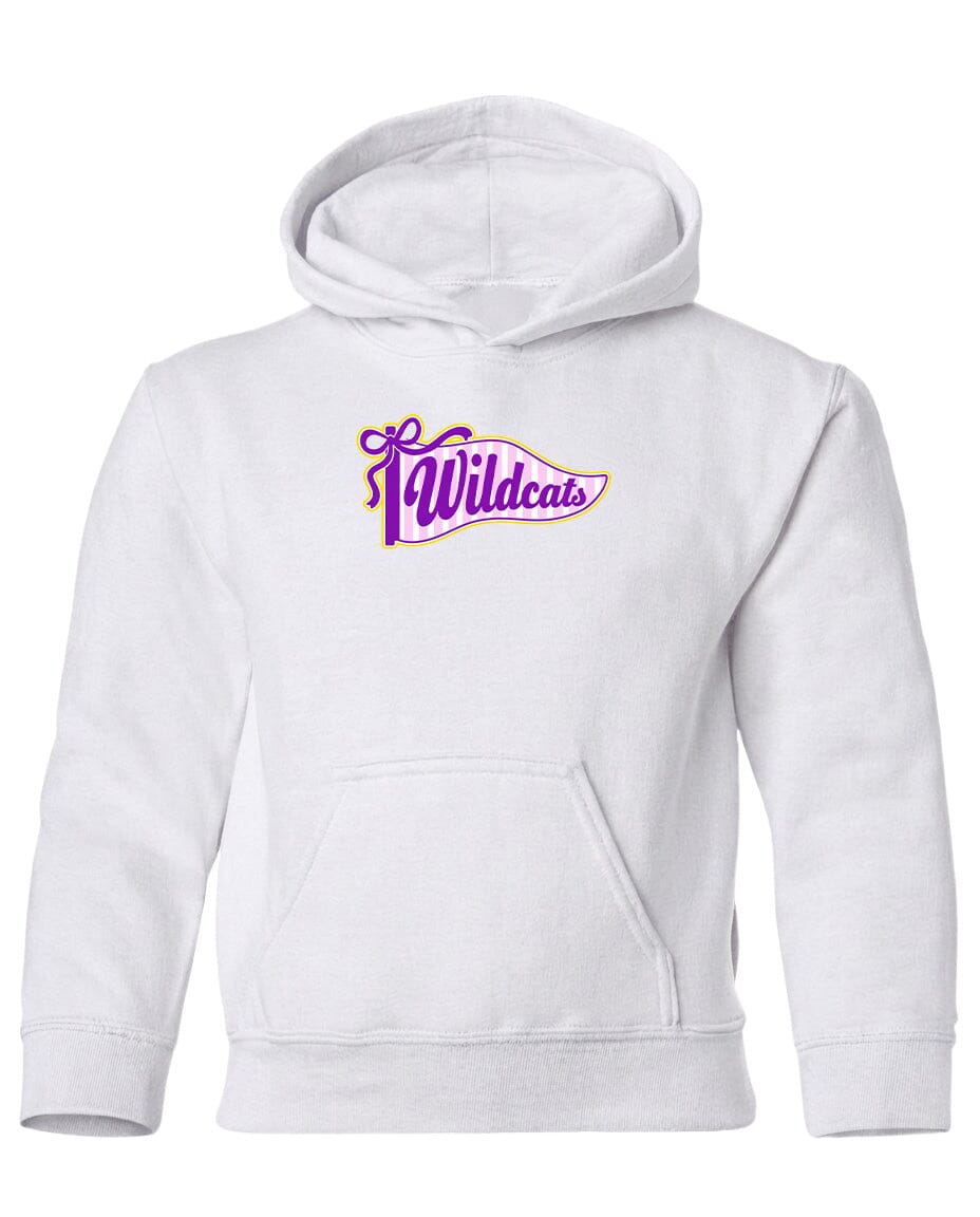 A white hoodie with a purple and yellow graphic design on the front, featuring the text "Wildcats" in a stylized font.