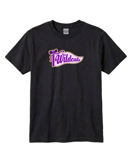 A black t-shirt with a purple and yellow graphic design featuring the word "Wildcats" on it.
