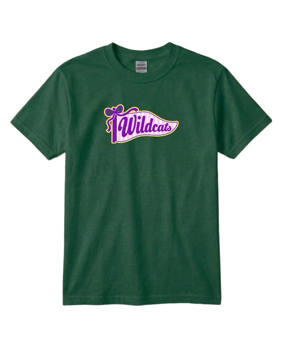 A green t-shirt with a purple and yellow graphic design featuring the text "Wildcats" on it.