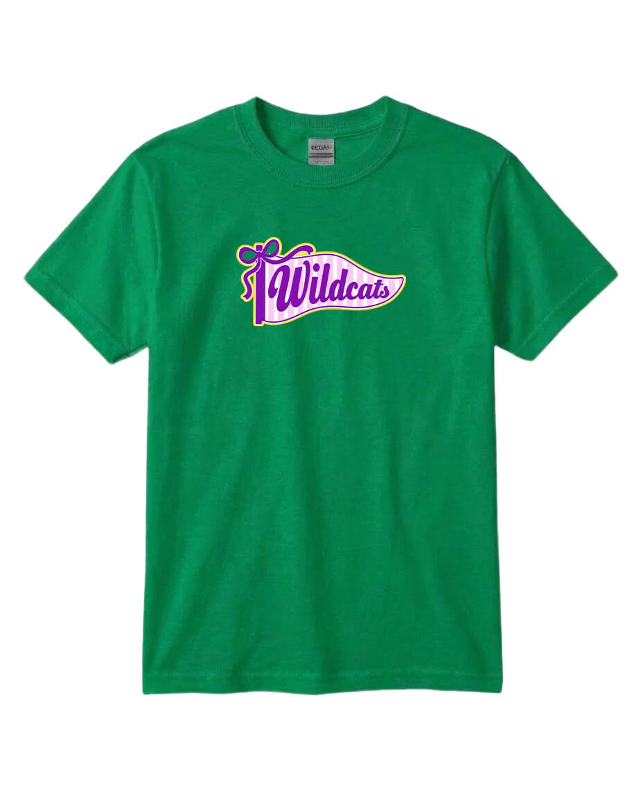 A green t-shirt with a purple and yellow graphic design featuring the text "Wildcats" on it.