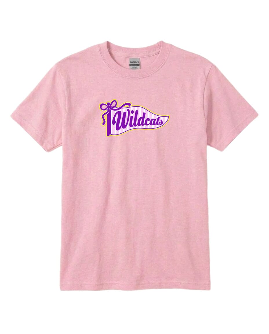 A pink t-shirt with a graphic design featuring the word "Wildcats" in purple and yellow colors.