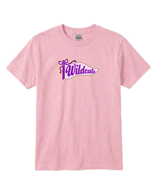 A pink t-shirt with a graphic design featuring the word "Wildcats" in purple and yellow colors.