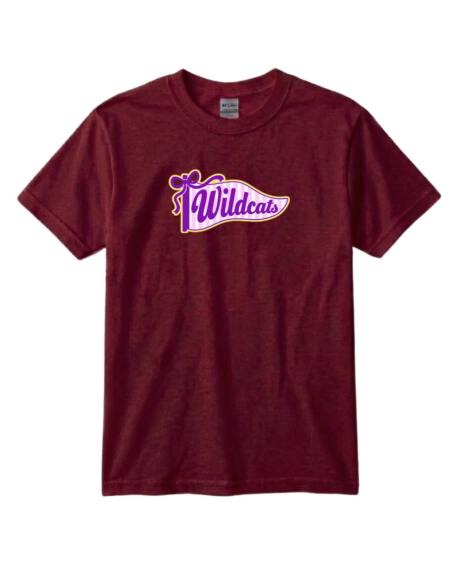 A burgundy-colored t-shirt with a graphic design featuring the text "Wildcats" in purple and yellow colors.