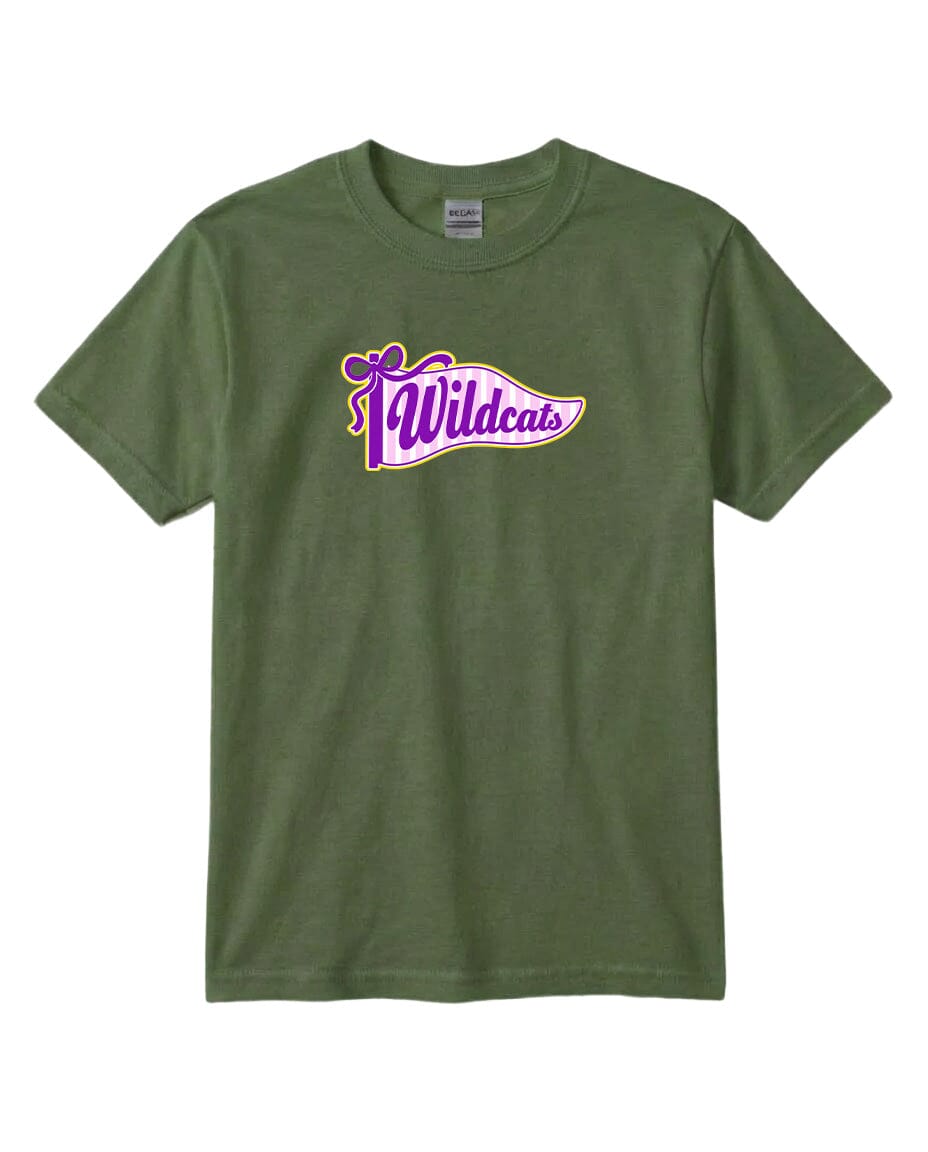 A green t-shirt with a purple and yellow graphic design featuring the text "Wildcats" on it.