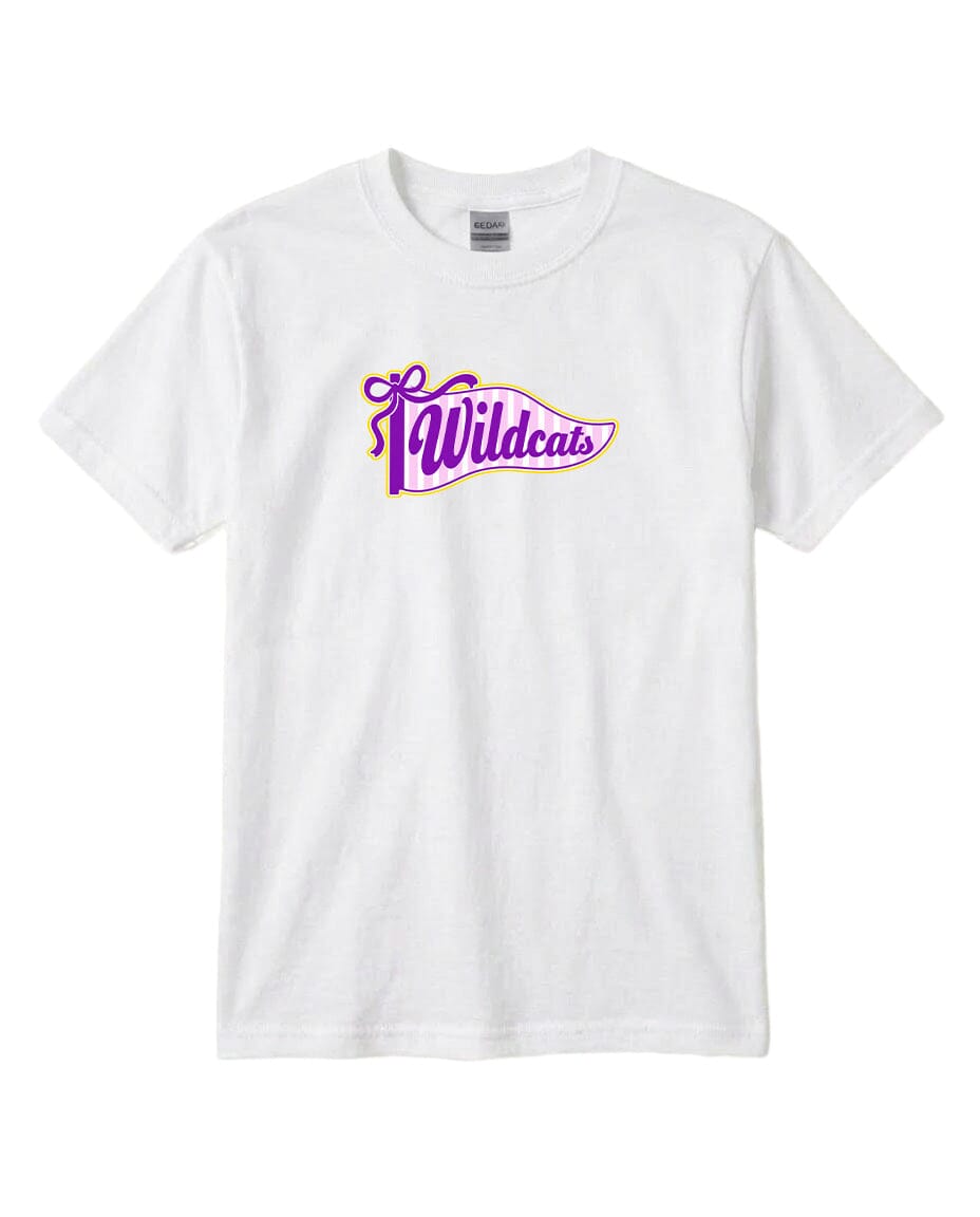 A white t-shirt with a purple and yellow graphic design featuring the text "Wildcats" on it.