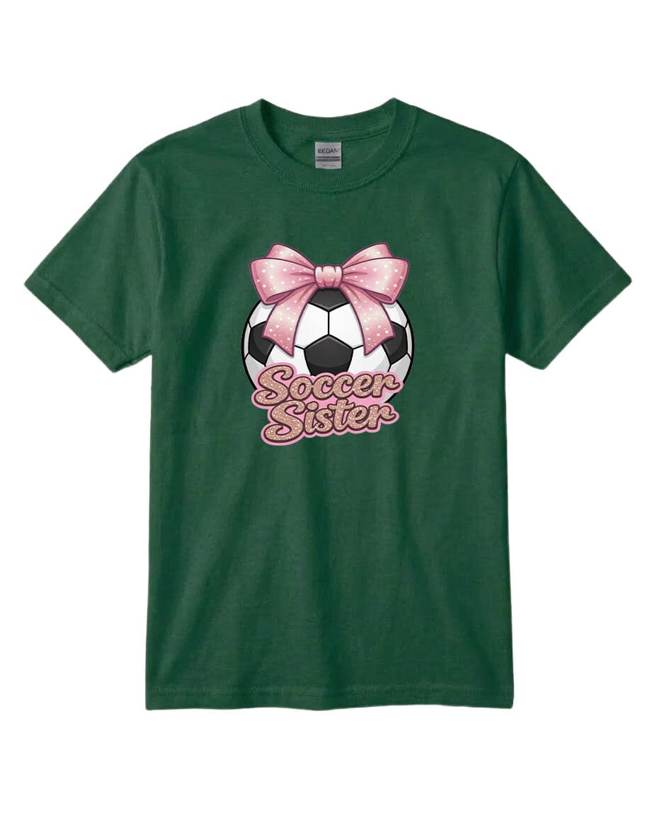 Youth Soccer Sister Chest Logo T Shirt | Hoodie | Long Sleeve | Sweatshirt | Crew Neck | Tank Top Fiesta Doodle T Shirt YXS Forest Green waterproof vinyl sticker. dishwasher safe outdoor sticker.