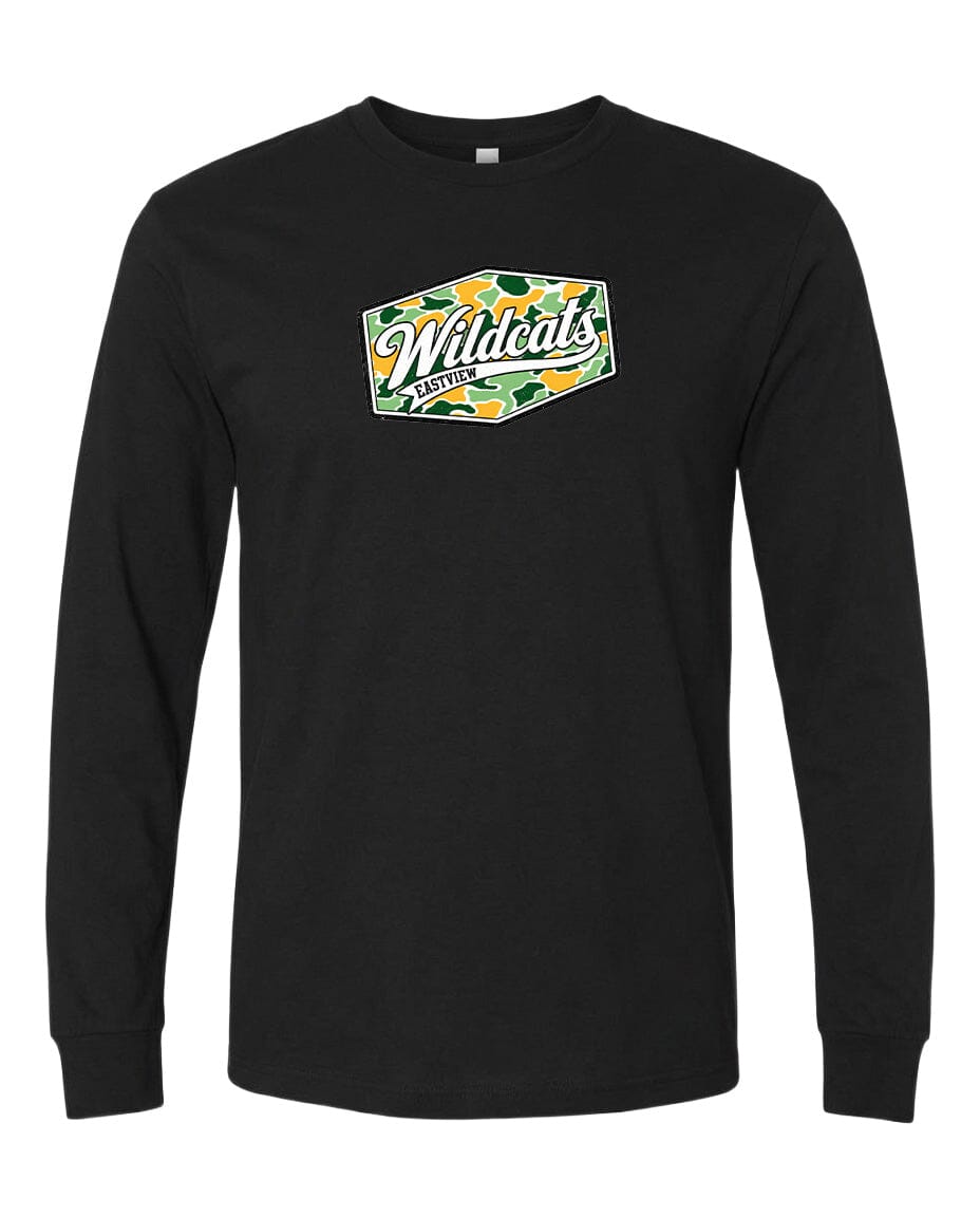 A black long-sleeved t-shirt with a graphic design on the front.