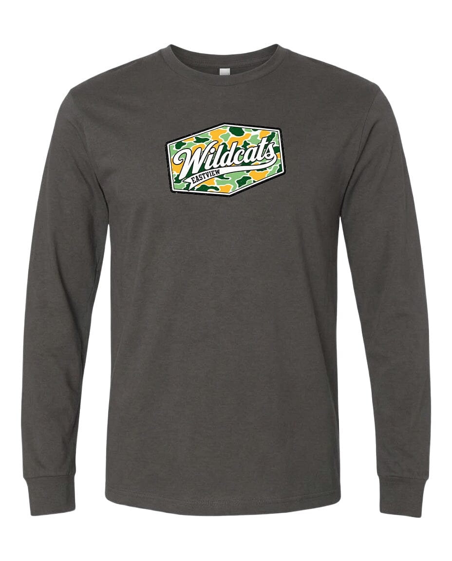 A gray long-sleeved t-shirt with a graphic design featuring the text "Wildcats Eastview" and a camouflage pattern.