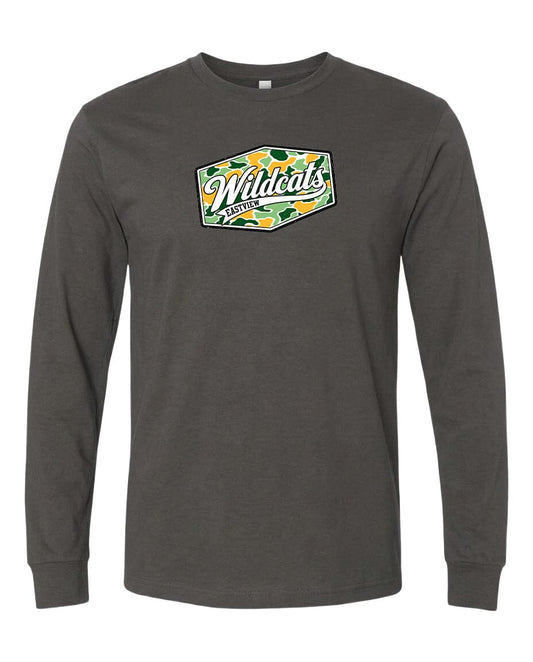 A gray long-sleeved t-shirt with a graphic design featuring the text "Wildcats Eastview" and a camouflage pattern.