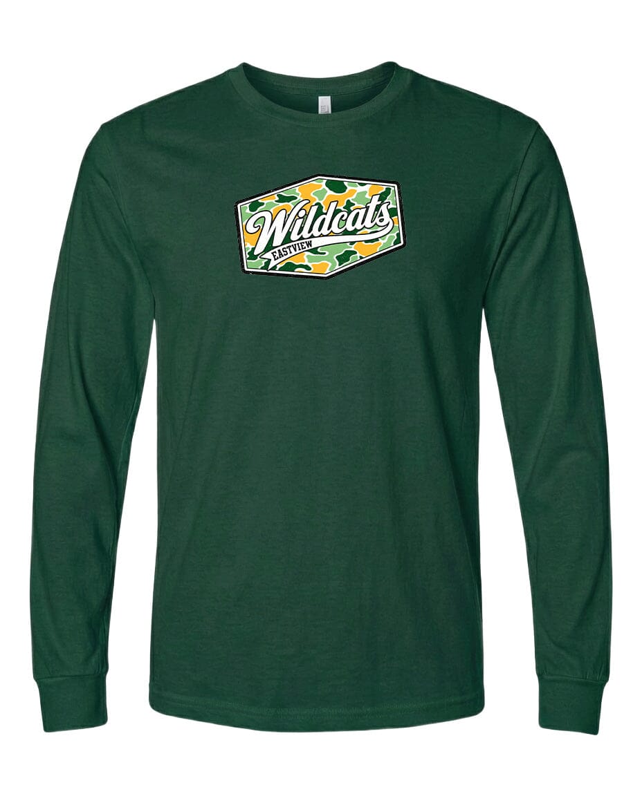 A long-sleeved green t-shirt with a logo on the front.