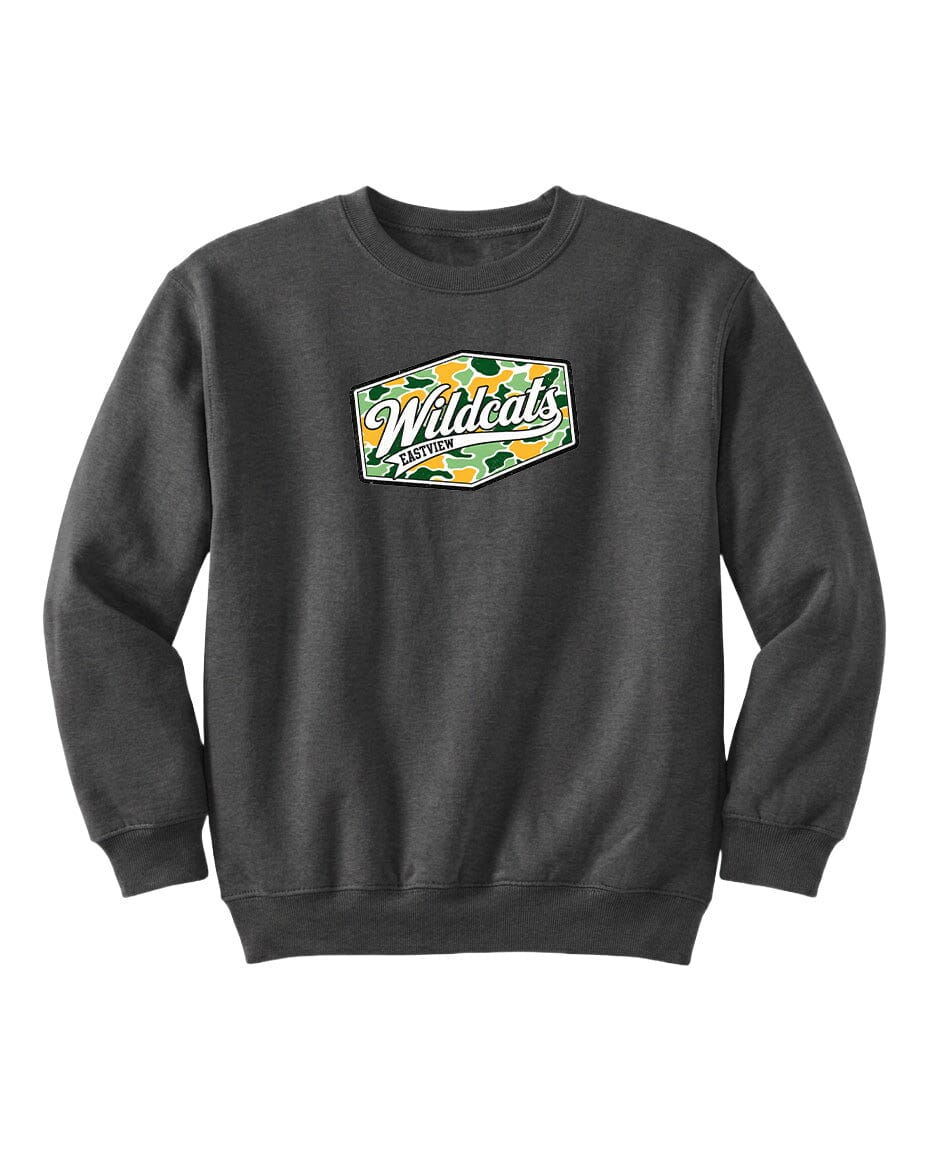 A gray sweatshirt with a graphic design on the front.