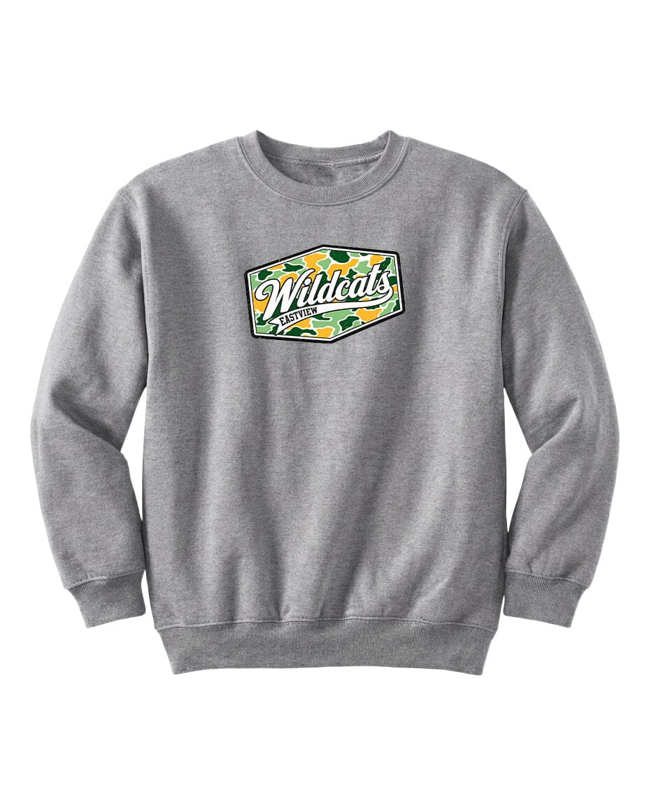A gray sweatshirt with a logo on the front.