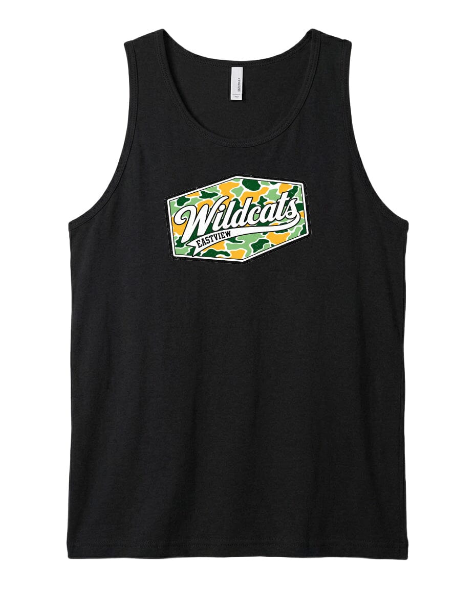 A black tank top with a graphic design featuring the text "Wildcats" and a camouflage pattern.