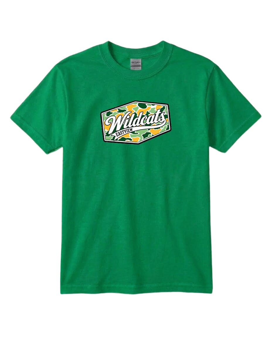 A green t-shirt with a graphic design featuring the text "Wildcats Eastwood" and a camouflage pattern.