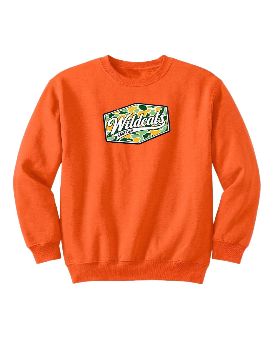 An orange sweatshirt with a logo on the front.