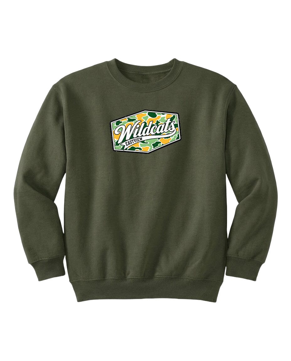 A dark green sweatshirt with a logo on the front.