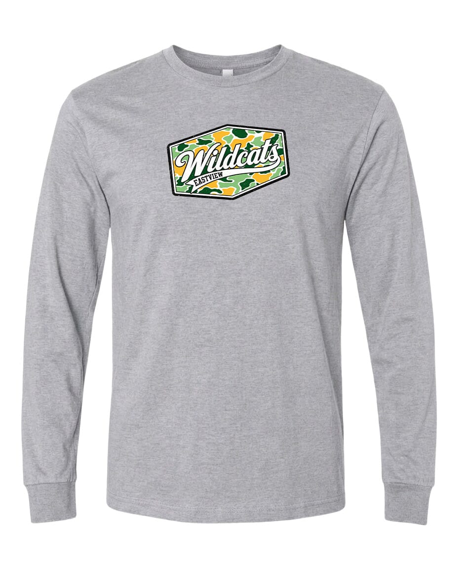 A gray long-sleeved t-shirt with a graphic design on the front.
