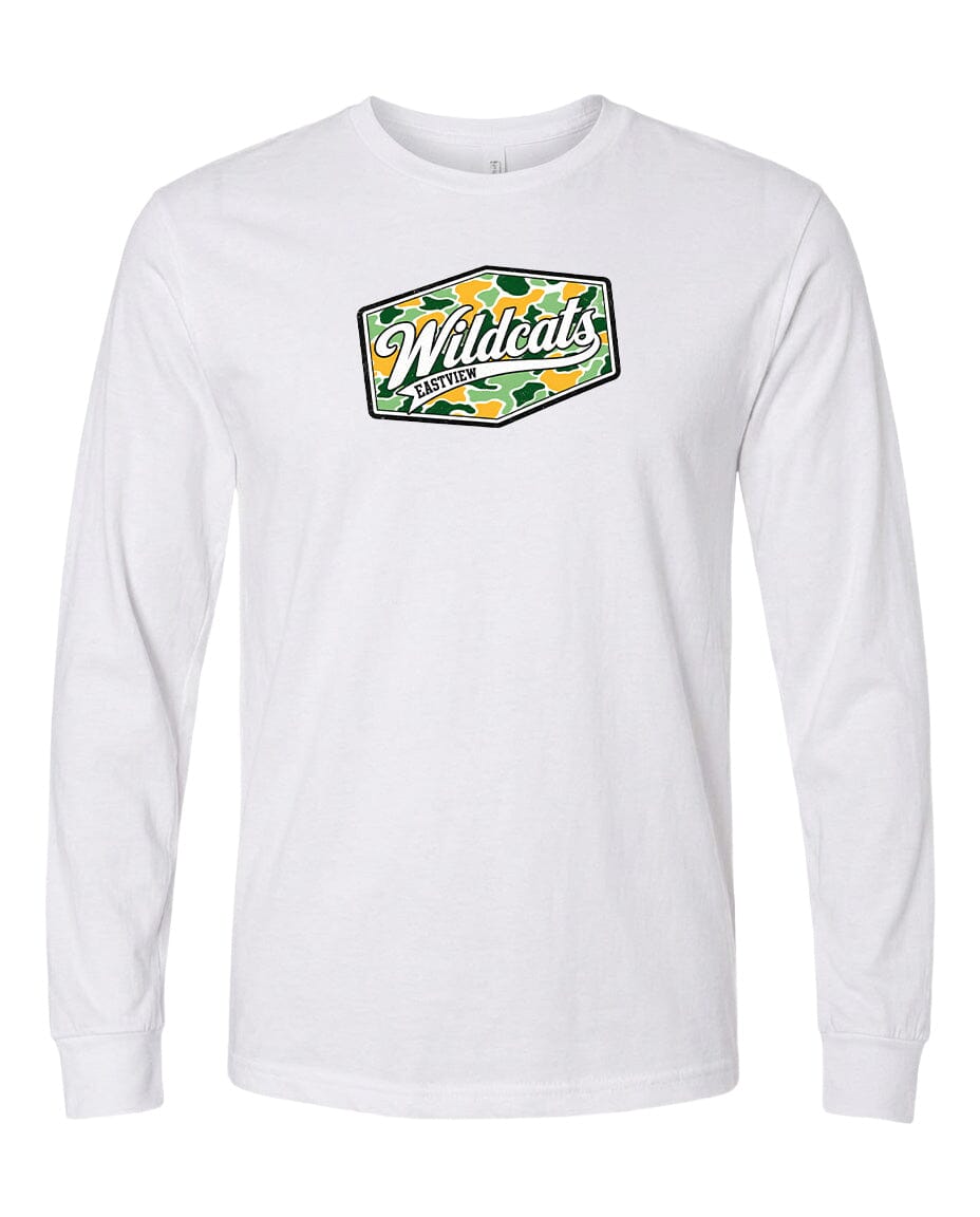 A white long-sleeved t-shirt with a graphic design on the front.