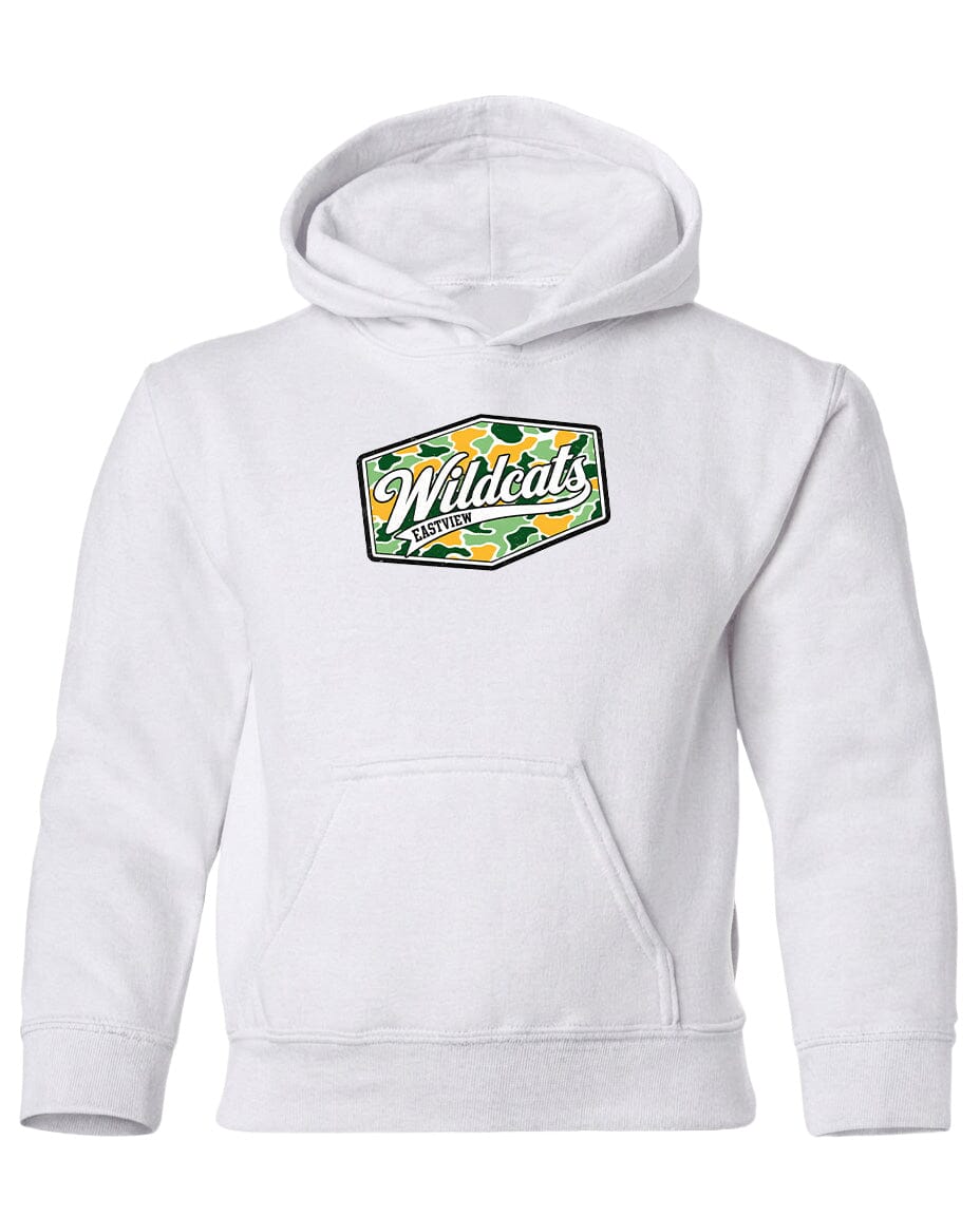 A white hoodie with a graphic design on the front.