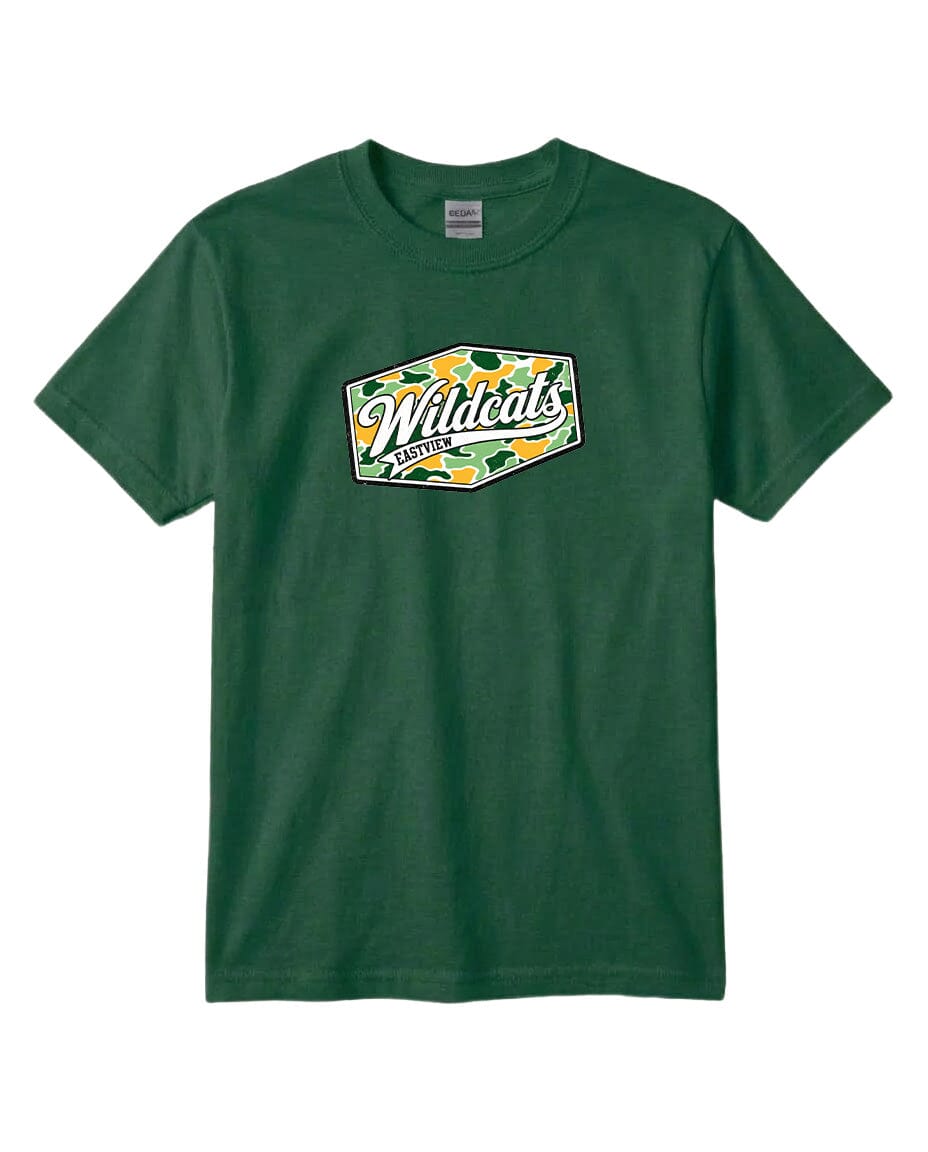 A green t-shirt with a graphic design featuring the text "Wildcats Eastwood" and a camouflage pattern.