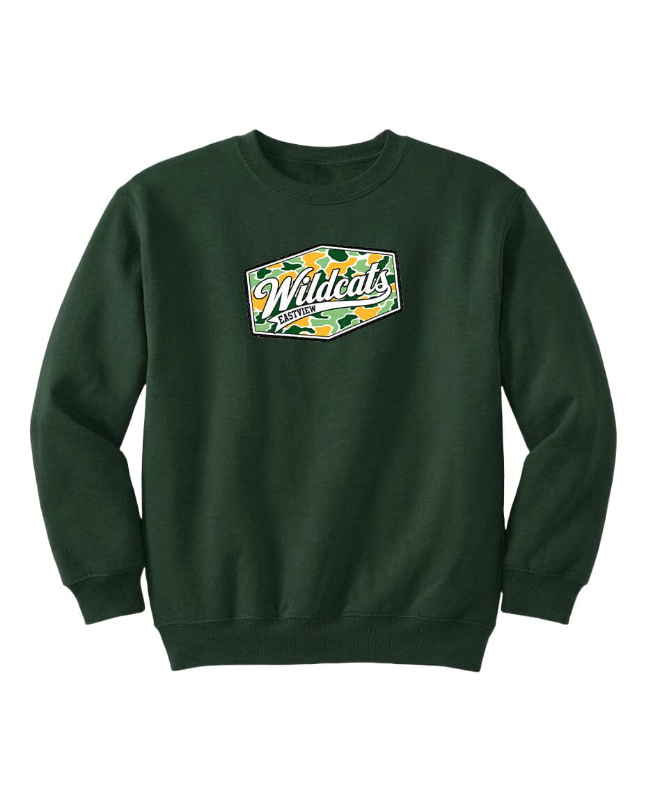 A dark green sweatshirt with a logo on the front.
