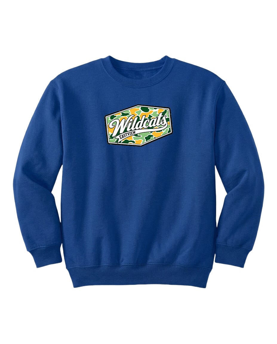 A blue sweatshirt with a logo on the front.
