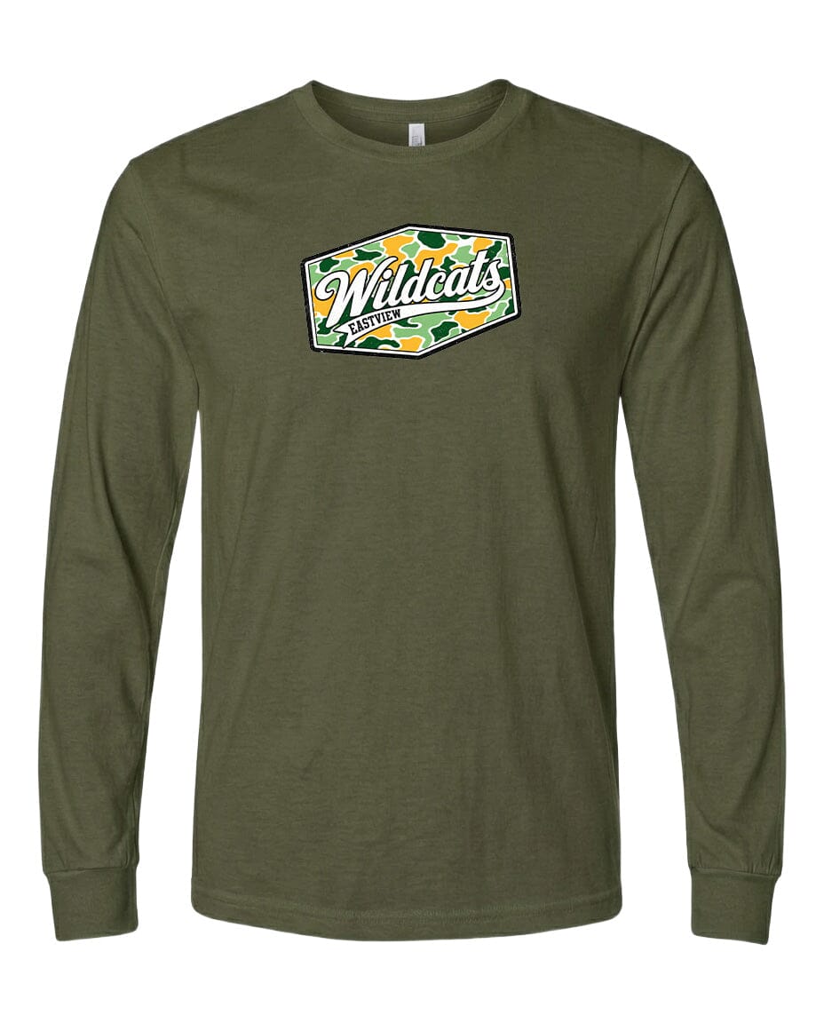 A long-sleeved olive green t-shirt with a graphic design on the front.