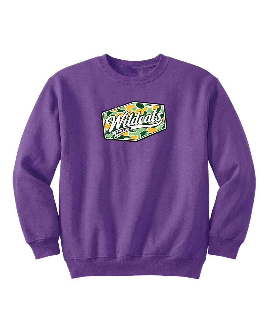 A purple sweatshirt with a logo on the front.