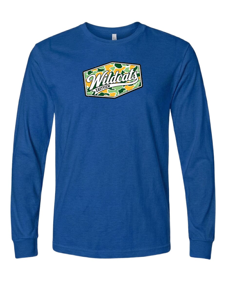 A blue long-sleeved t-shirt with a graphic design on the front.