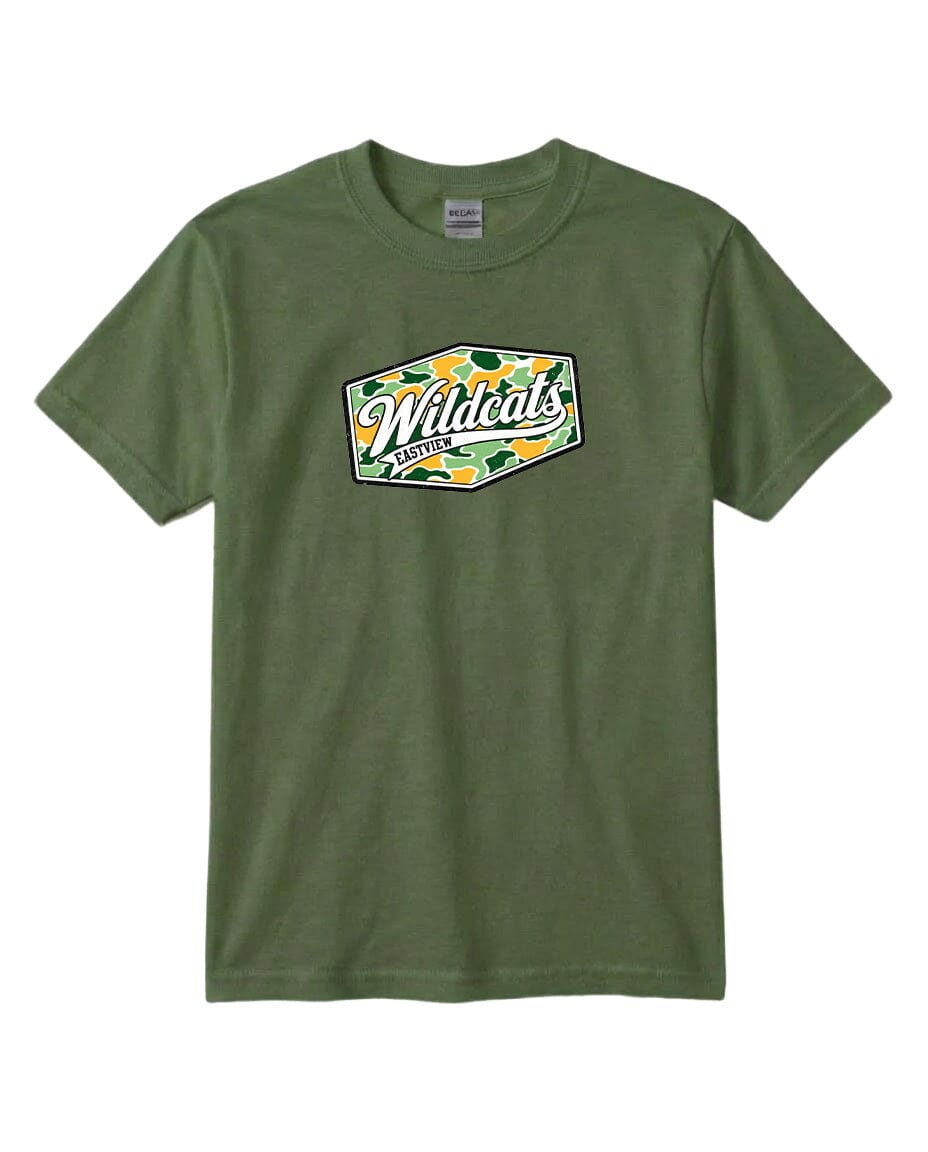 A green t-shirt with a graphic design featuring the text "Wildcats" and a camouflage pattern.
