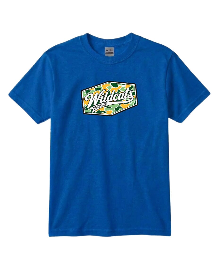 A blue t-shirt with a graphic design featuring the text "Wildcats Eastwood" and a camouflage pattern.