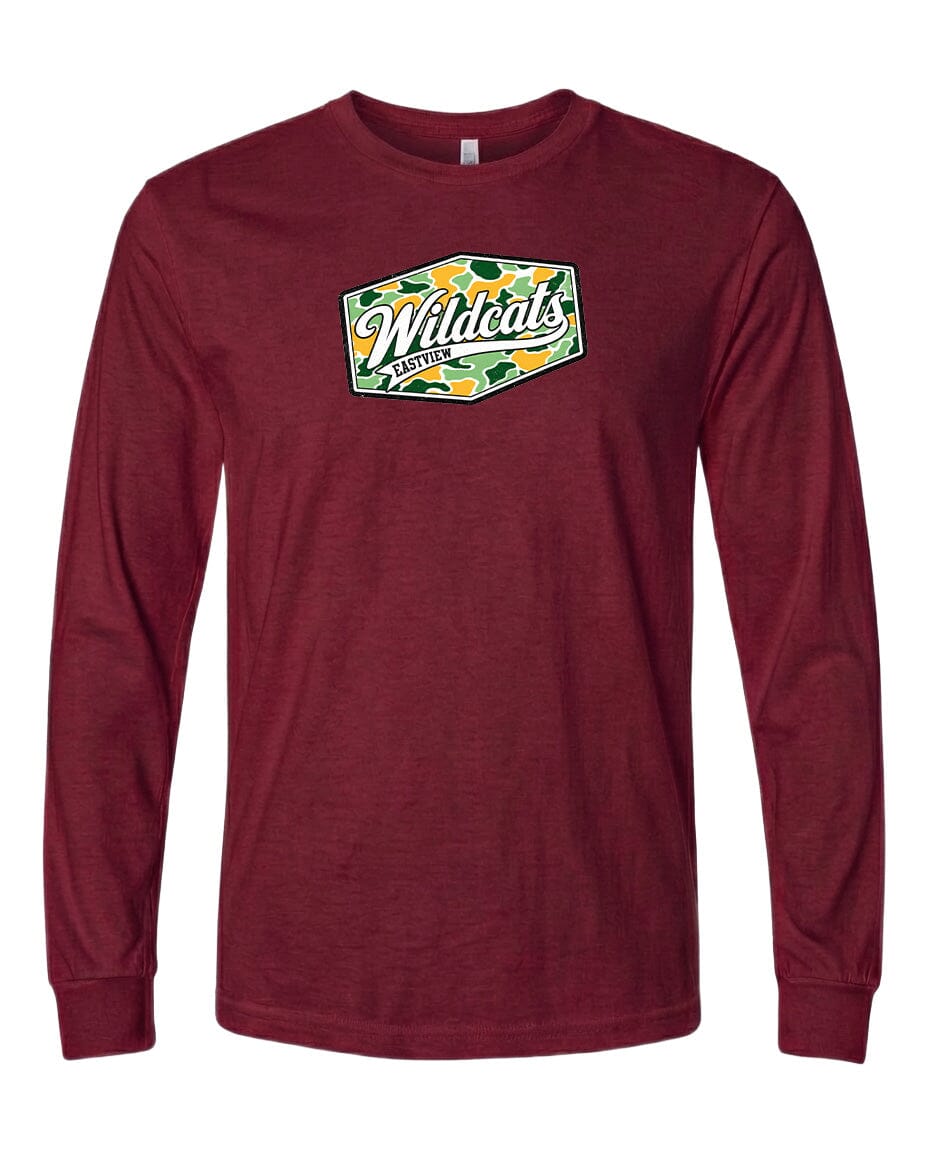 A burgundy long-sleeved t-shirt with a graphic design on the front.