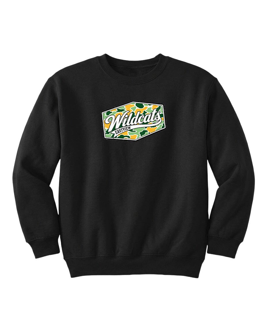 A black sweatshirt with a graphic design on the front.