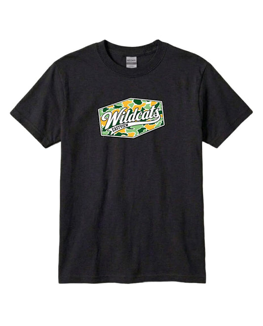 A black t-shirt with a graphic design featuring the text "Wildcats Eastwood" and a camouflage pattern.
