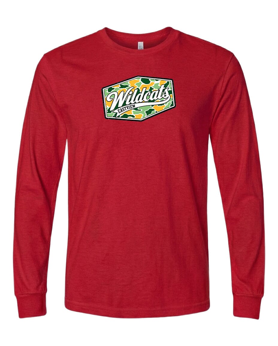 A red long-sleeved t-shirt with a graphic design on the front.
