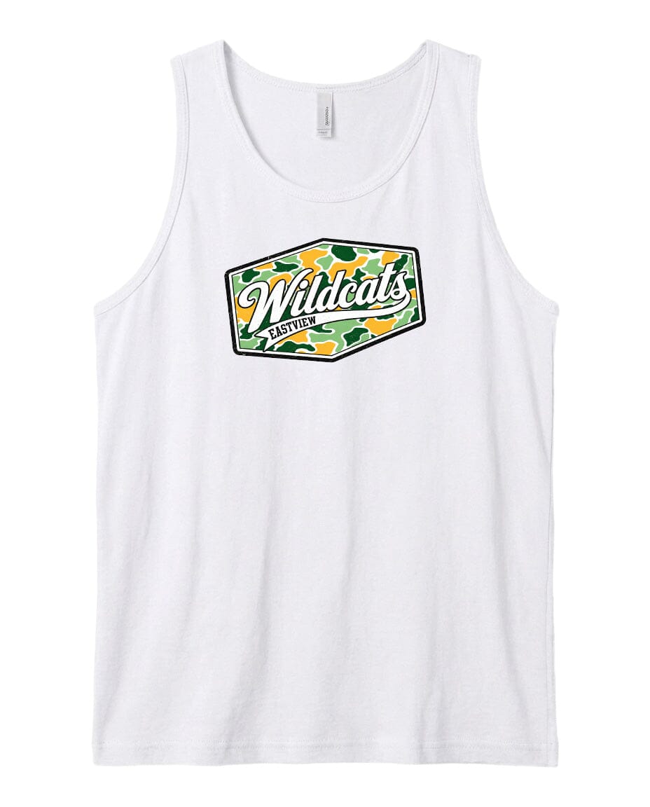 A white tank top with a graphic design featuring the text "Wildcats" and a camouflage pattern.
