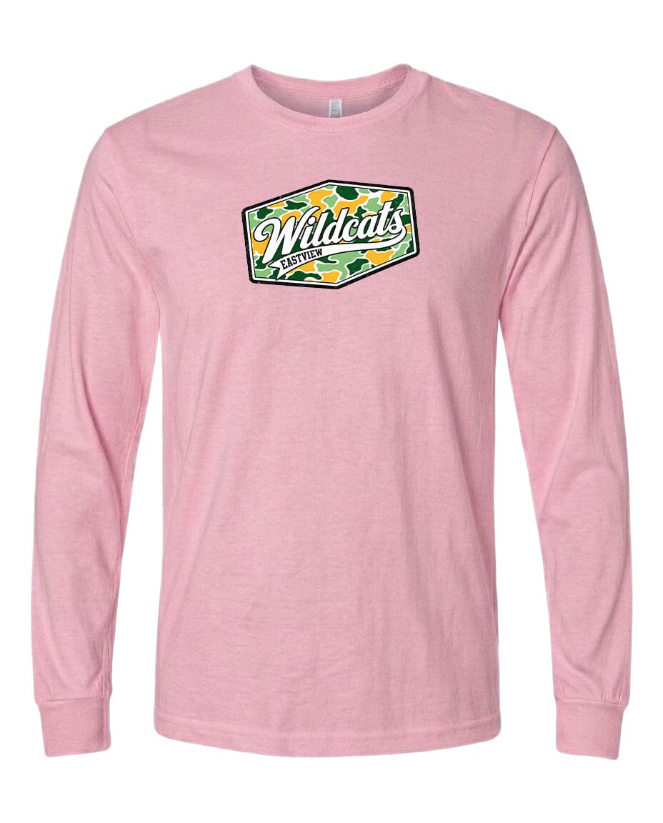 A pink long-sleeved t-shirt with a graphic design on the front.