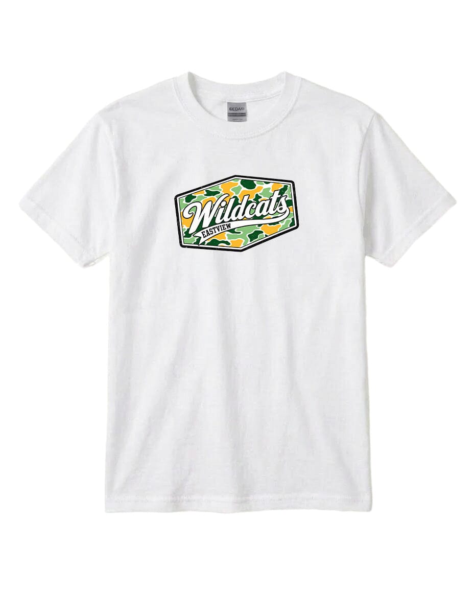 A white t-shirt with a graphic design featuring the text "Wildcats Eastwood" in a stylized font.