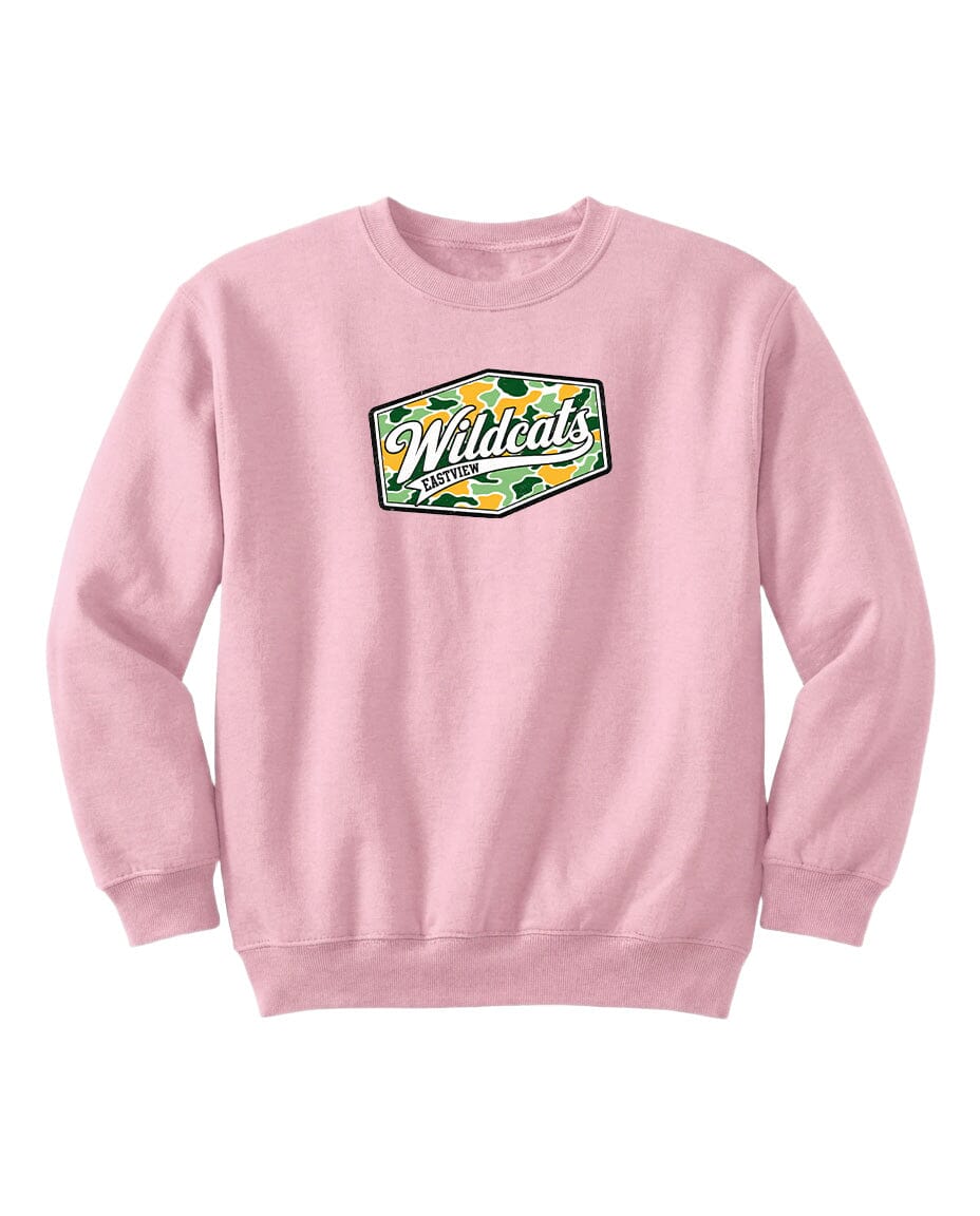 A pink sweatshirt with a logo on the front.
