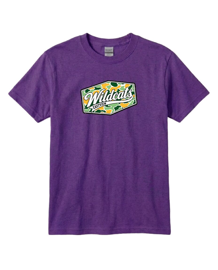 A purple t-shirt with a graphic design featuring the text "Wildcats Eastwood" and a camouflage pattern.