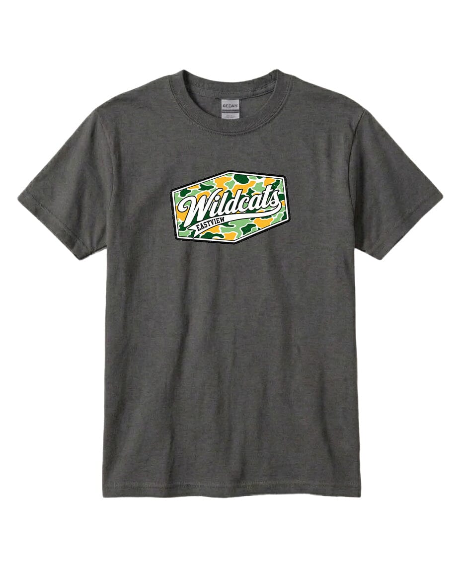 A gray t-shirt with a graphic design featuring the text "Wildcats Eastwood" and a camouflage pattern.