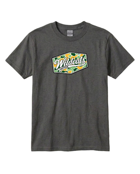A gray t-shirt with a graphic design featuring the text "Wildcats Eastwood" and a camouflage pattern.