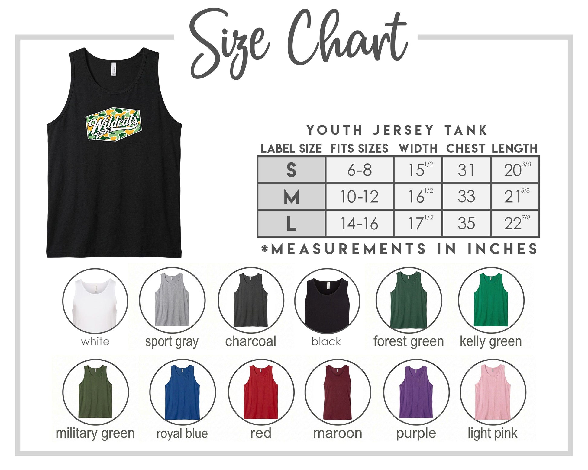The image is a size chart for a youth jersey tank, displaying various color options and corresponding measurements in inches.