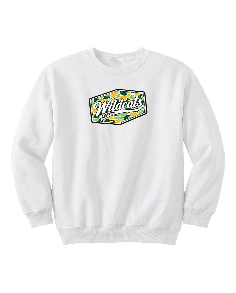 A white sweatshirt with a graphic design on the front.