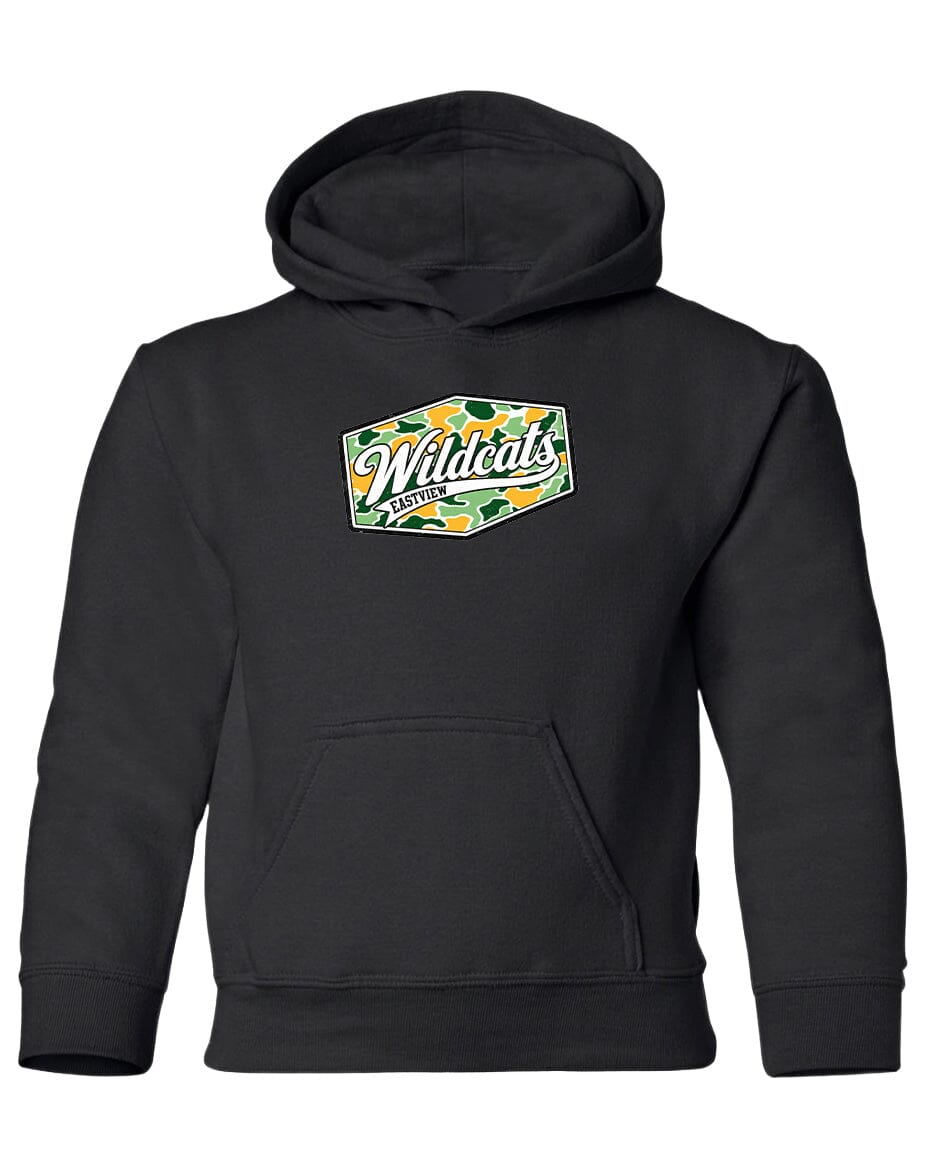 A black hooded sweatshirt with a graphic design on the front.
