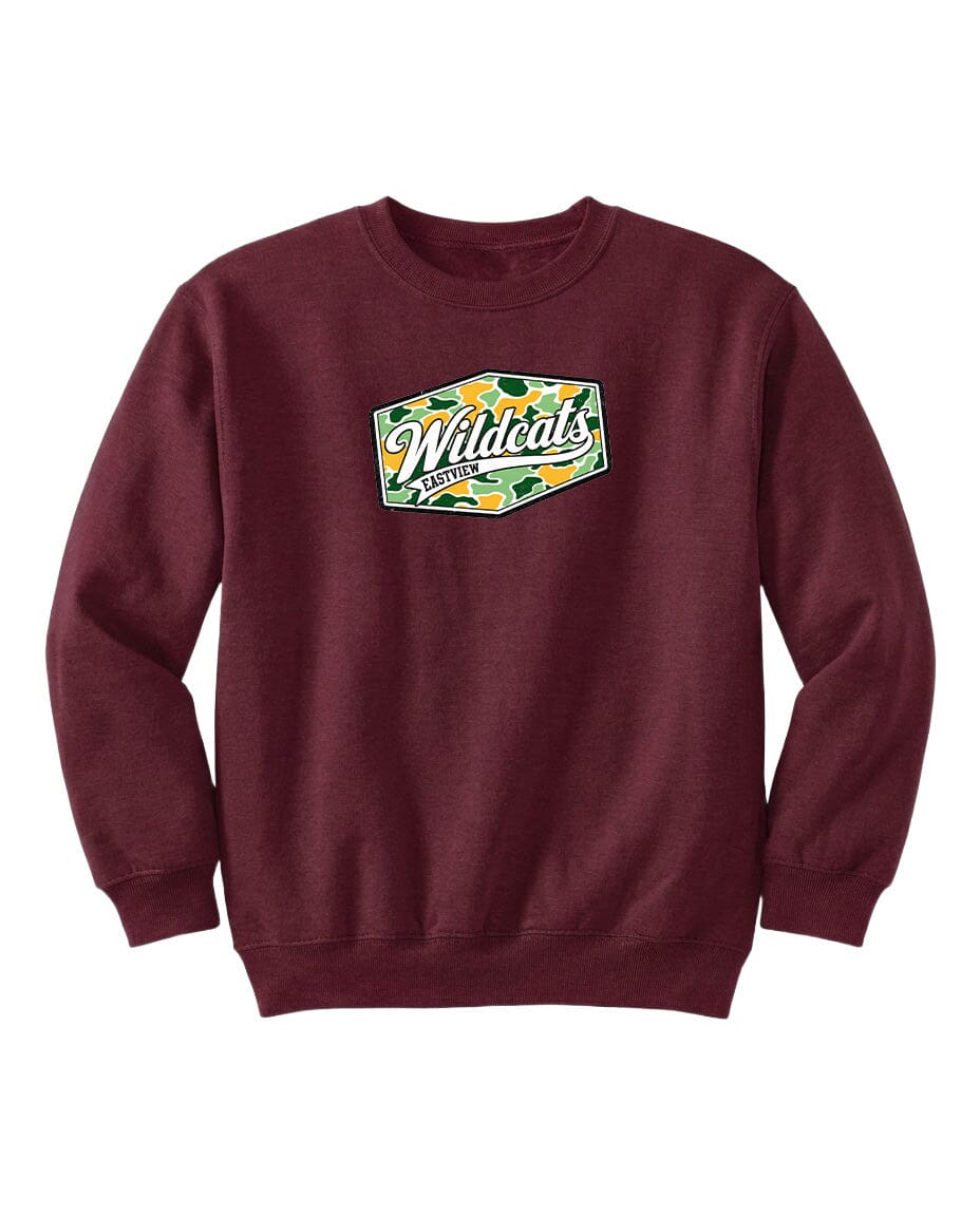 A burgundy sweatshirt with a graphic design on the front, featuring the text "Wildets Eastview" in a stylized font.